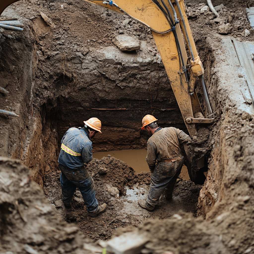 Construction workers digging a large trench