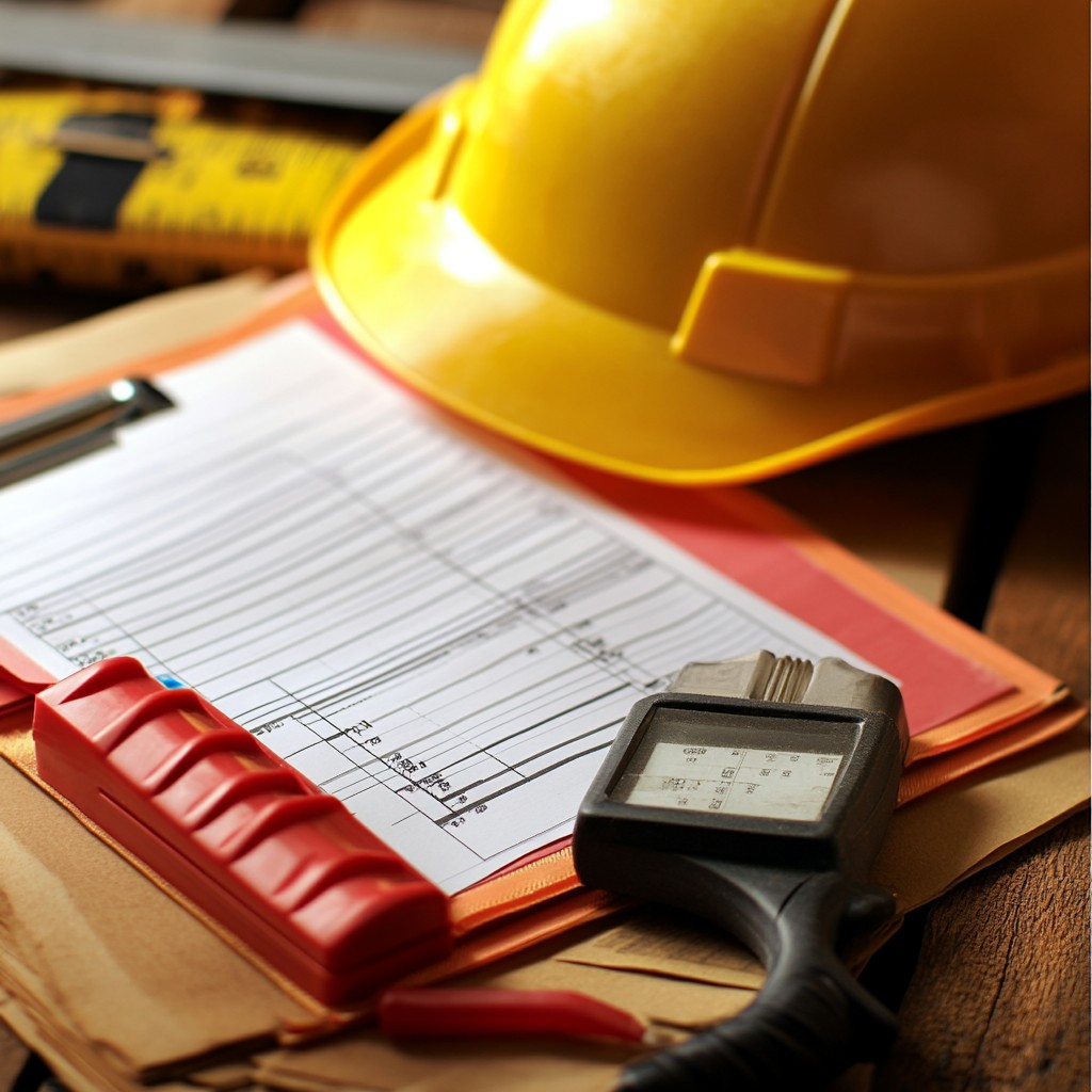 Construction helmet, plans, and tools on table