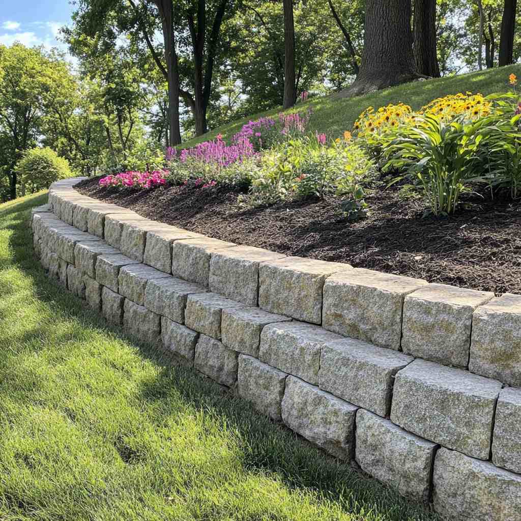 Colorful flowerbeds lining a curved stone wall in park