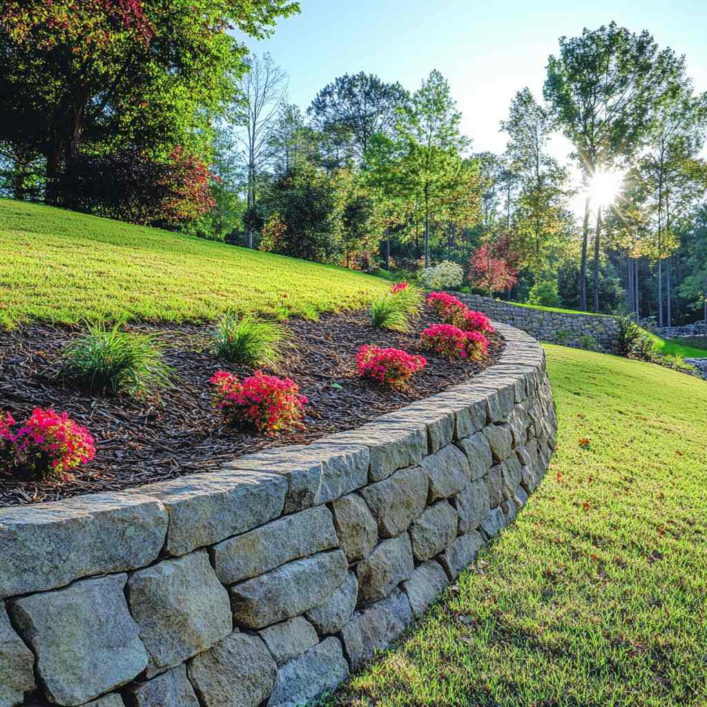 Sunlit landscaped garden with stone wall and pink flowers