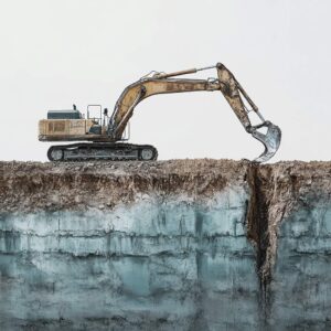 Excavator on cliff digging into earth layer