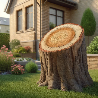Large tree stump in residential garden.