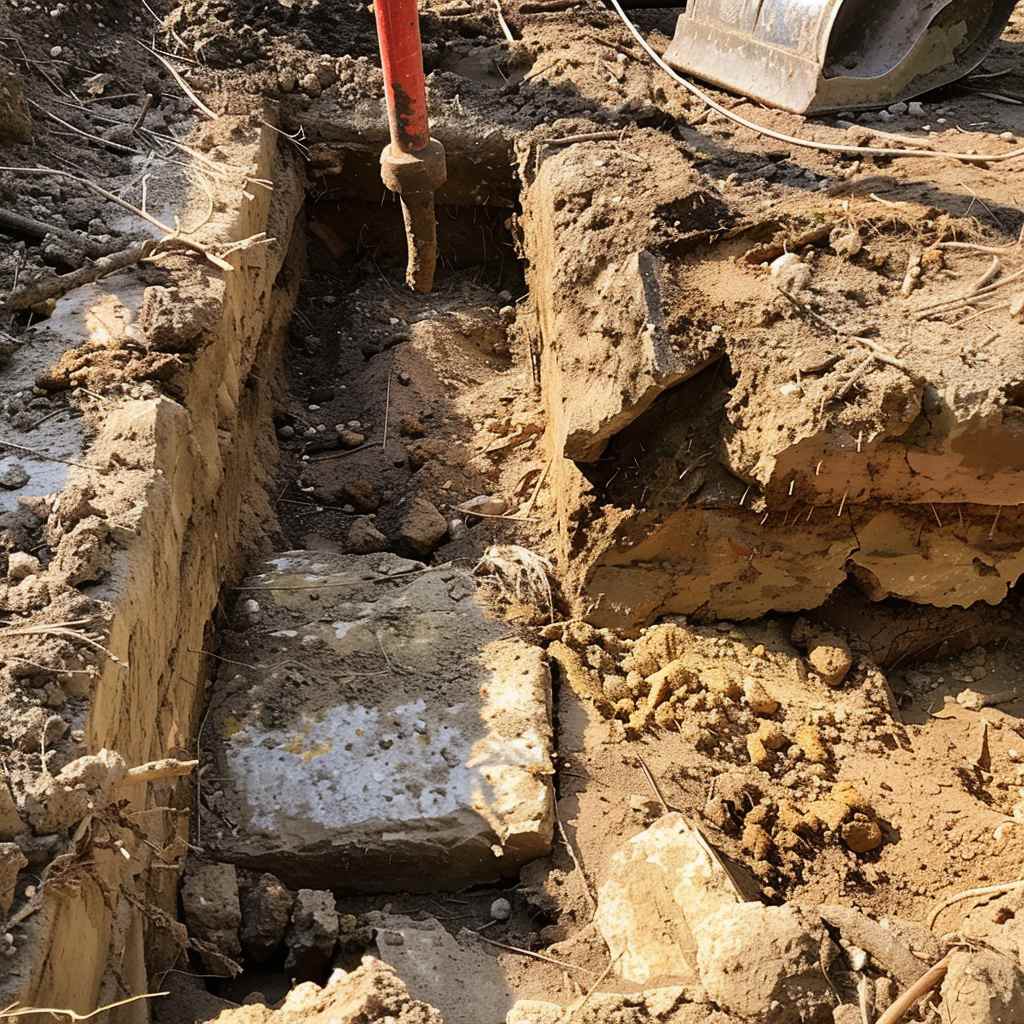 Excavated trench with visible concrete foundation and soil