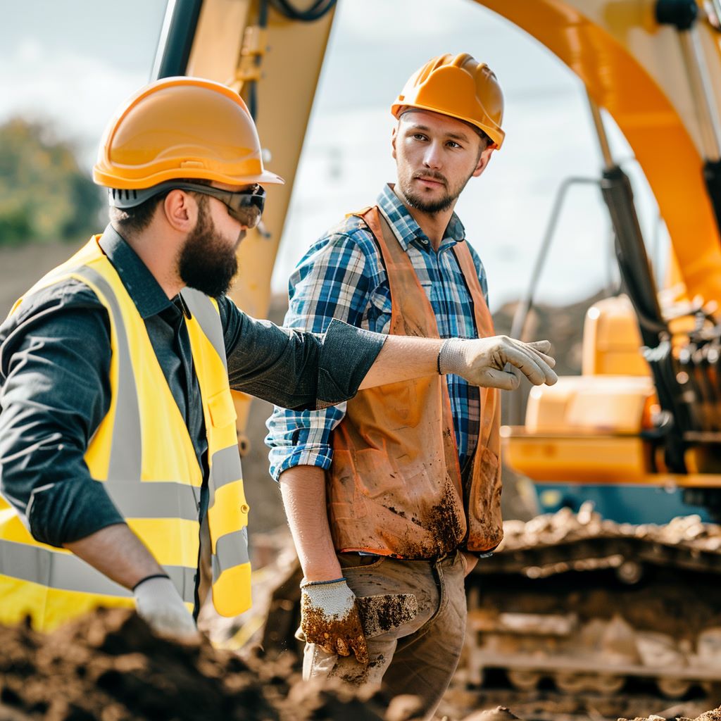 Construction workers discussing near excavator on site