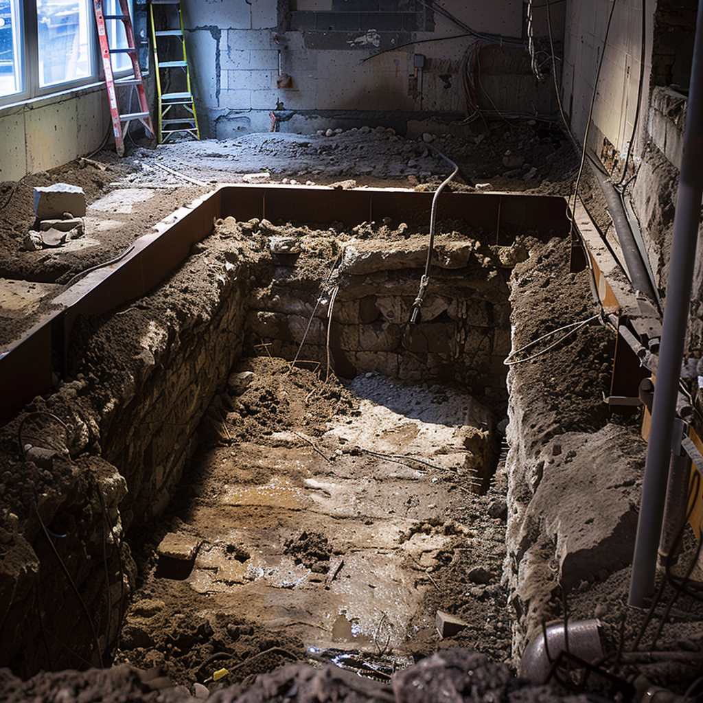 Underground construction site with exposed foundations