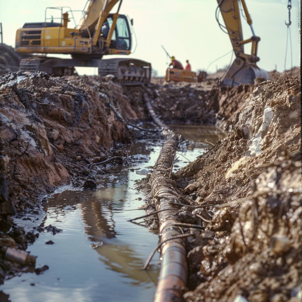 Excavators working on pipeline in muddy trench