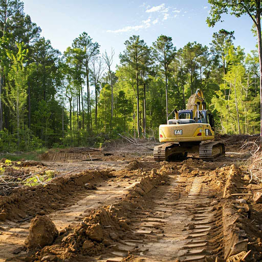 Excavator clearing land in sunny forested area