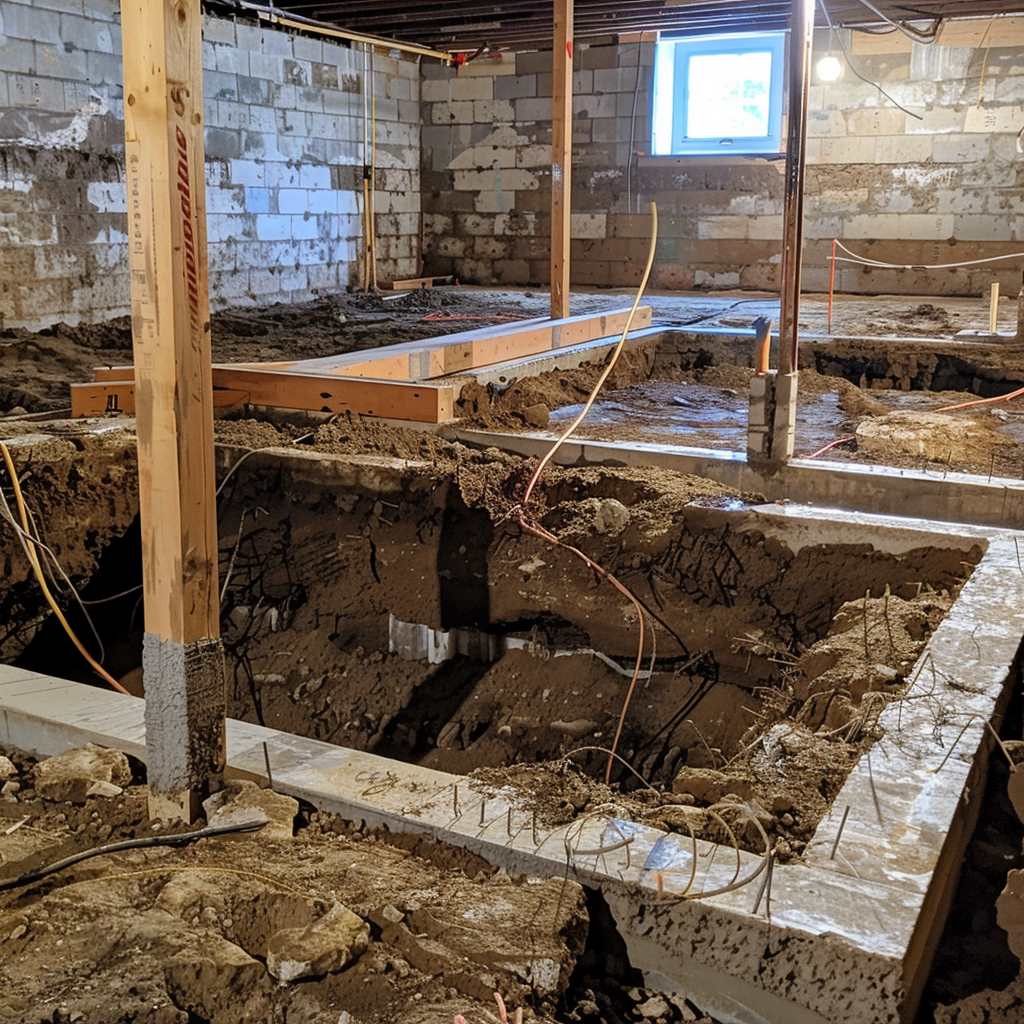 Under-construction basement with exposed foundational beams