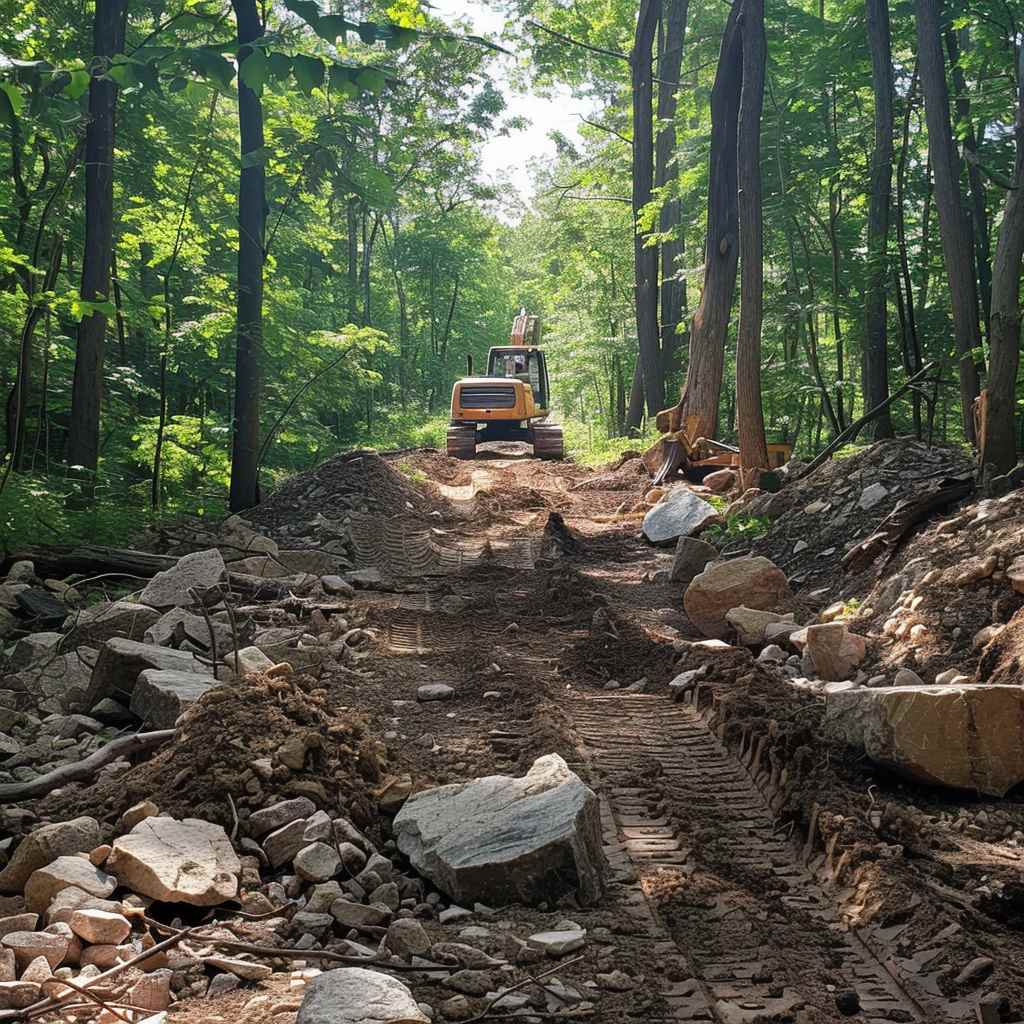 Backhoe working on forest trail construction