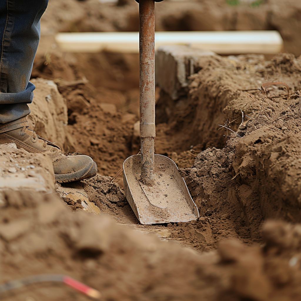 Person digging trench with shovel in muddy soil