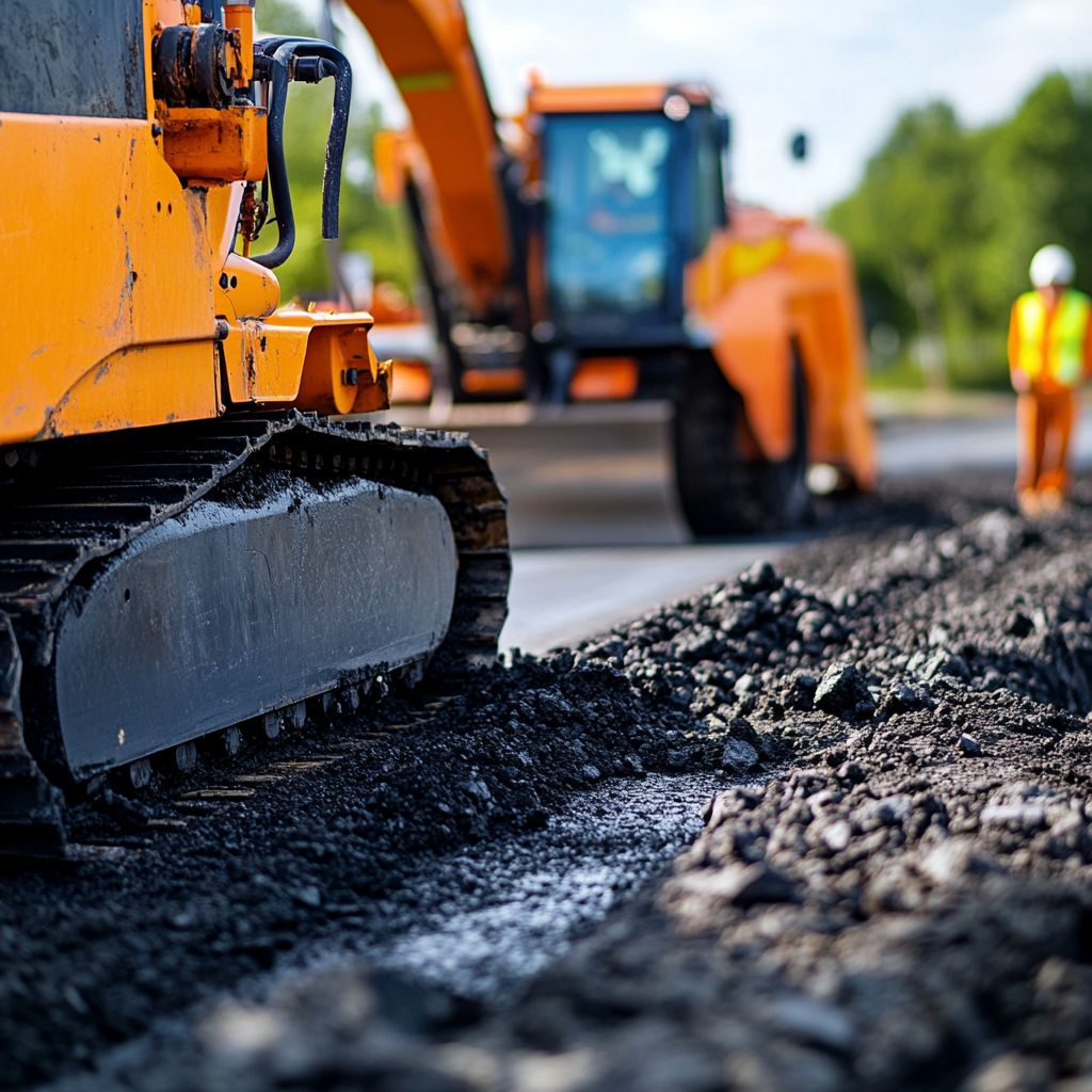 Construction workers and machinery paving a road