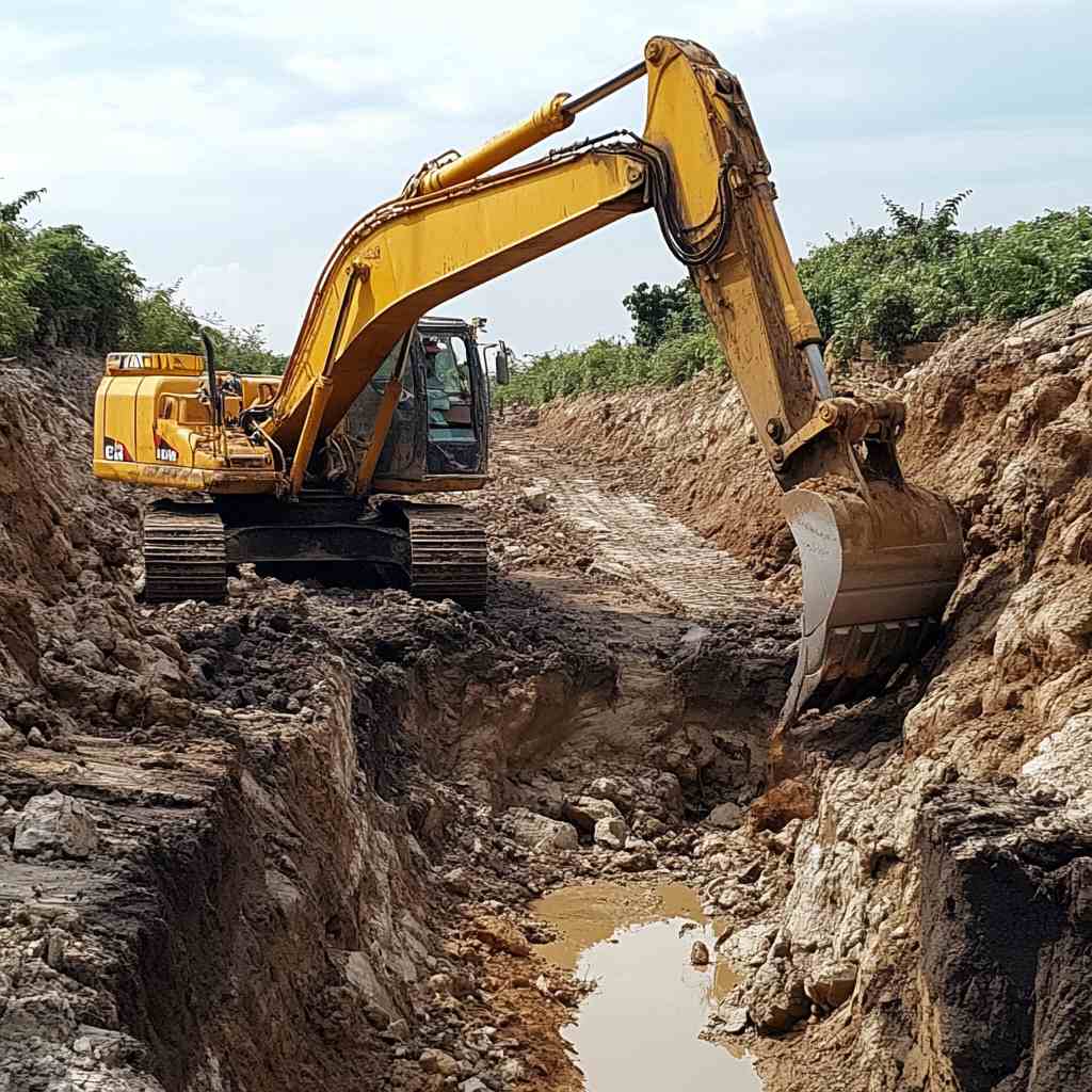 Excavator digging trench in muddy construction site