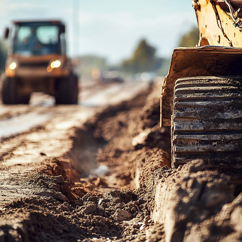 Bulldozer working on a dusty construction site road.