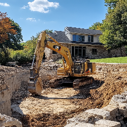 Excavator digging at residential construction site