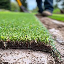 Close-up of sod being laid on dirt