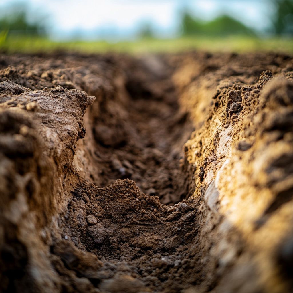 Close-up of rough soil texture in a trench