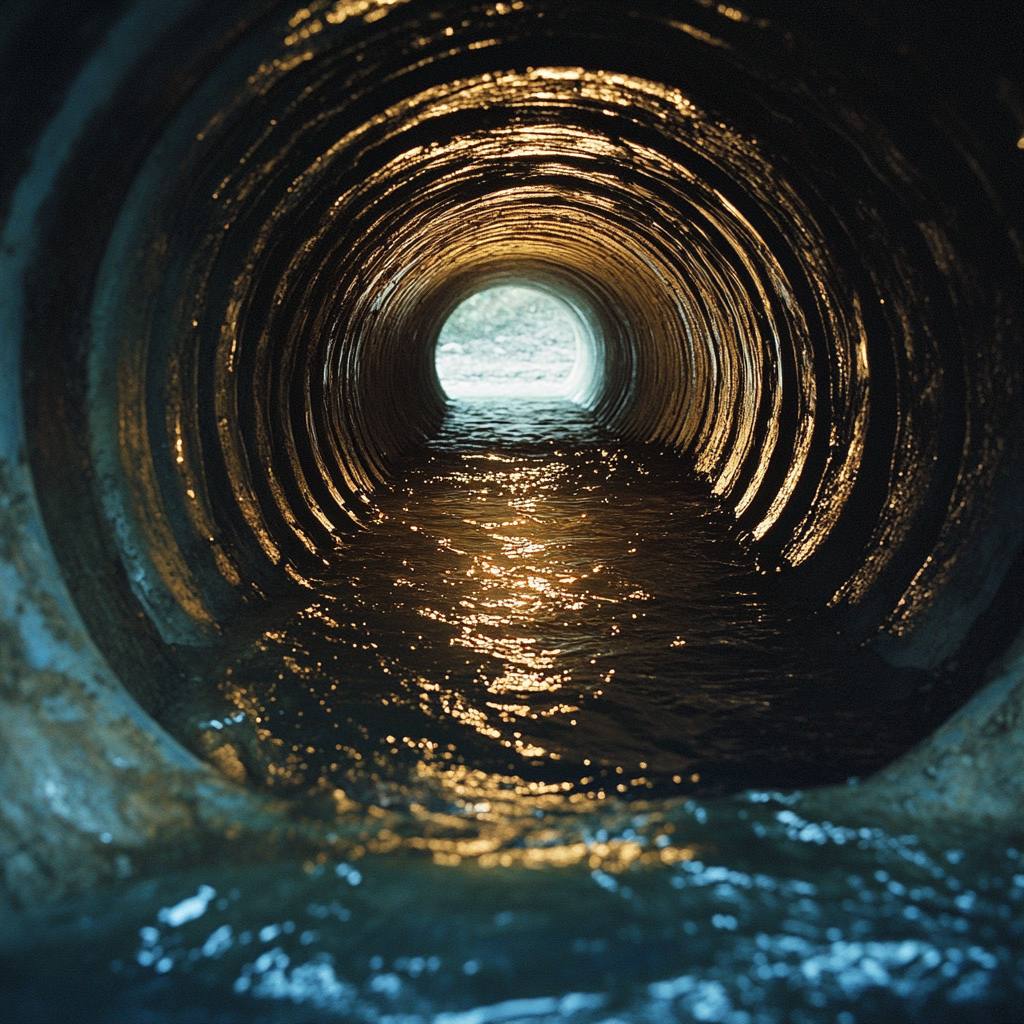 Sunlight reflecting in a water-filled circular tunnel