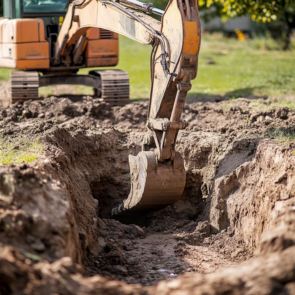 Excavator digging trench in grassy area