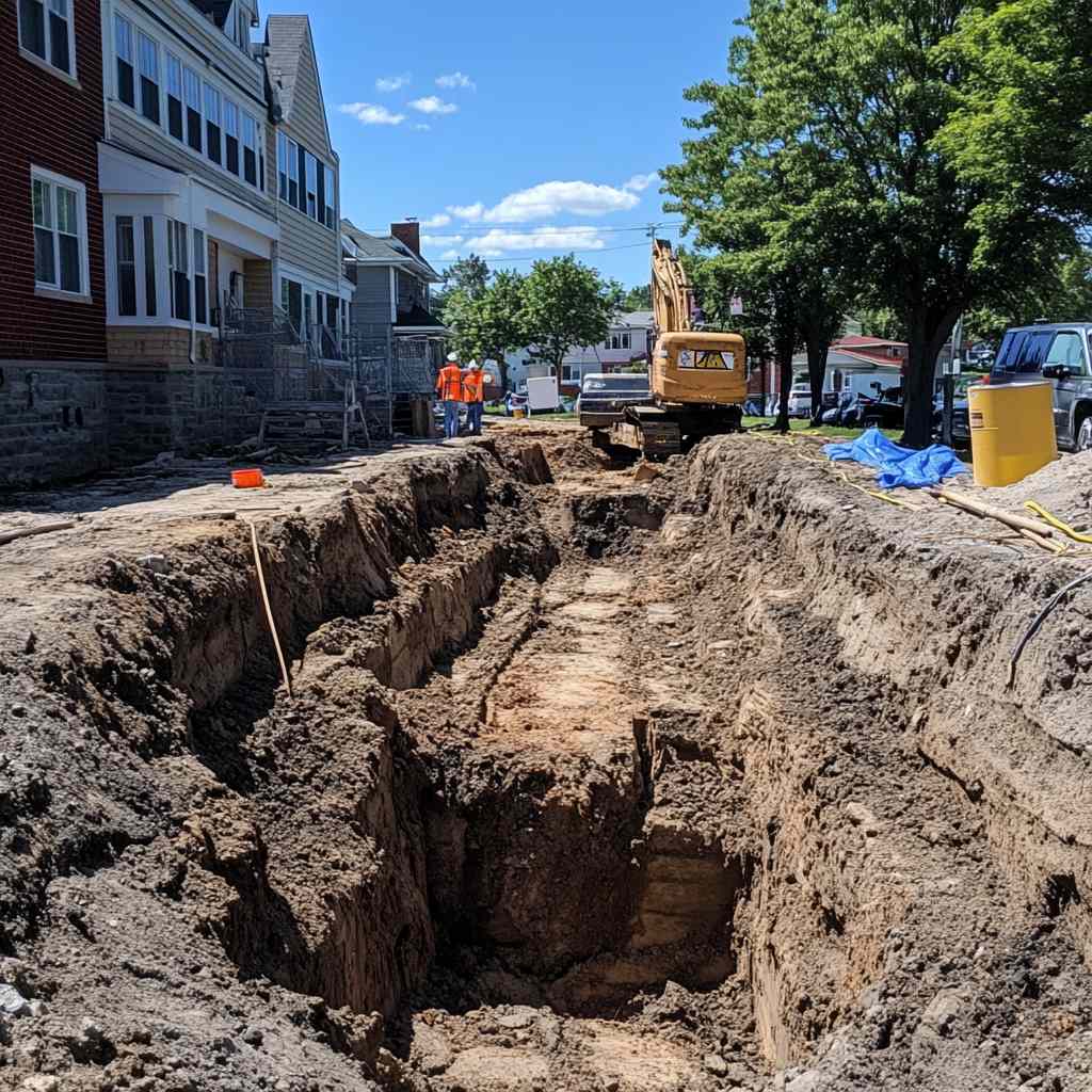 Construction workers and excavator digging deep trench