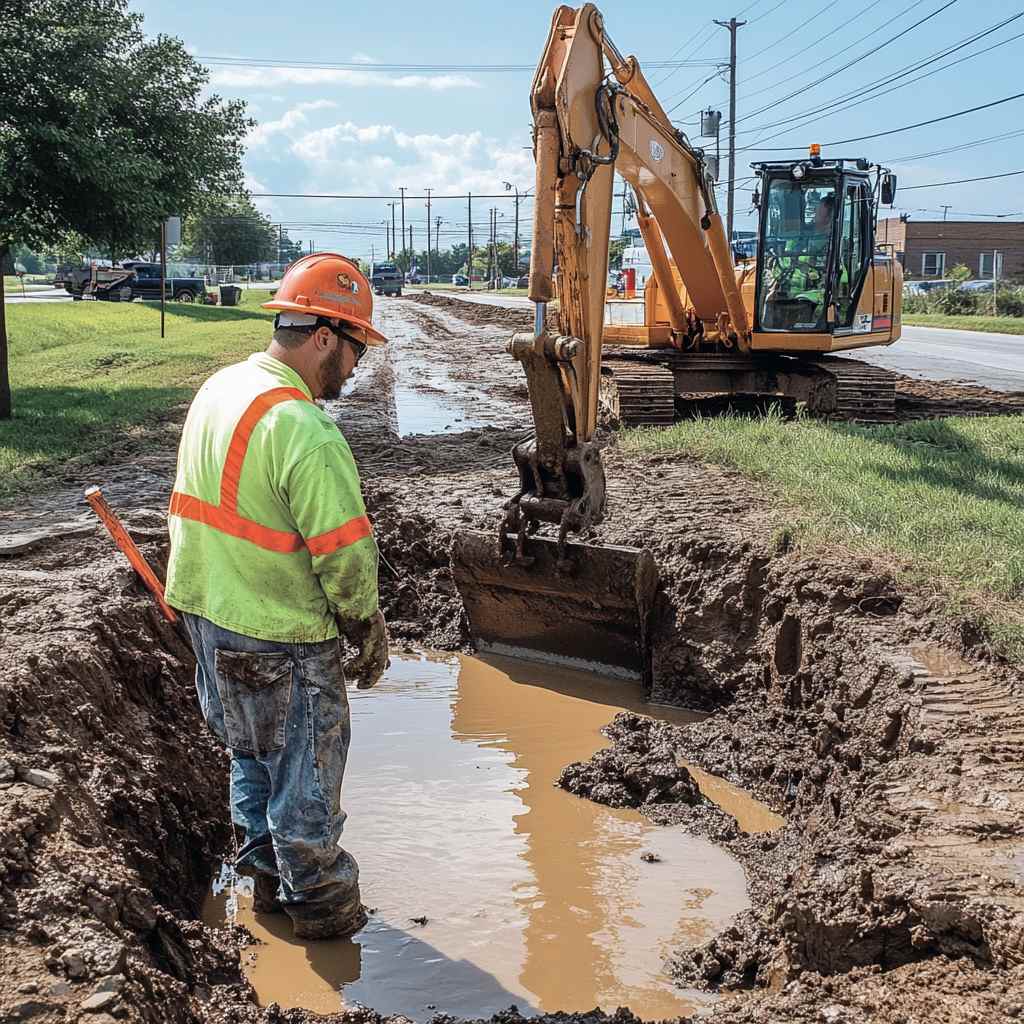 Worker inspects trench with excavator on muddy site