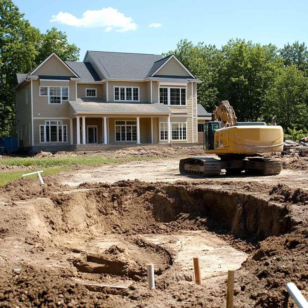New house construction site with excavator