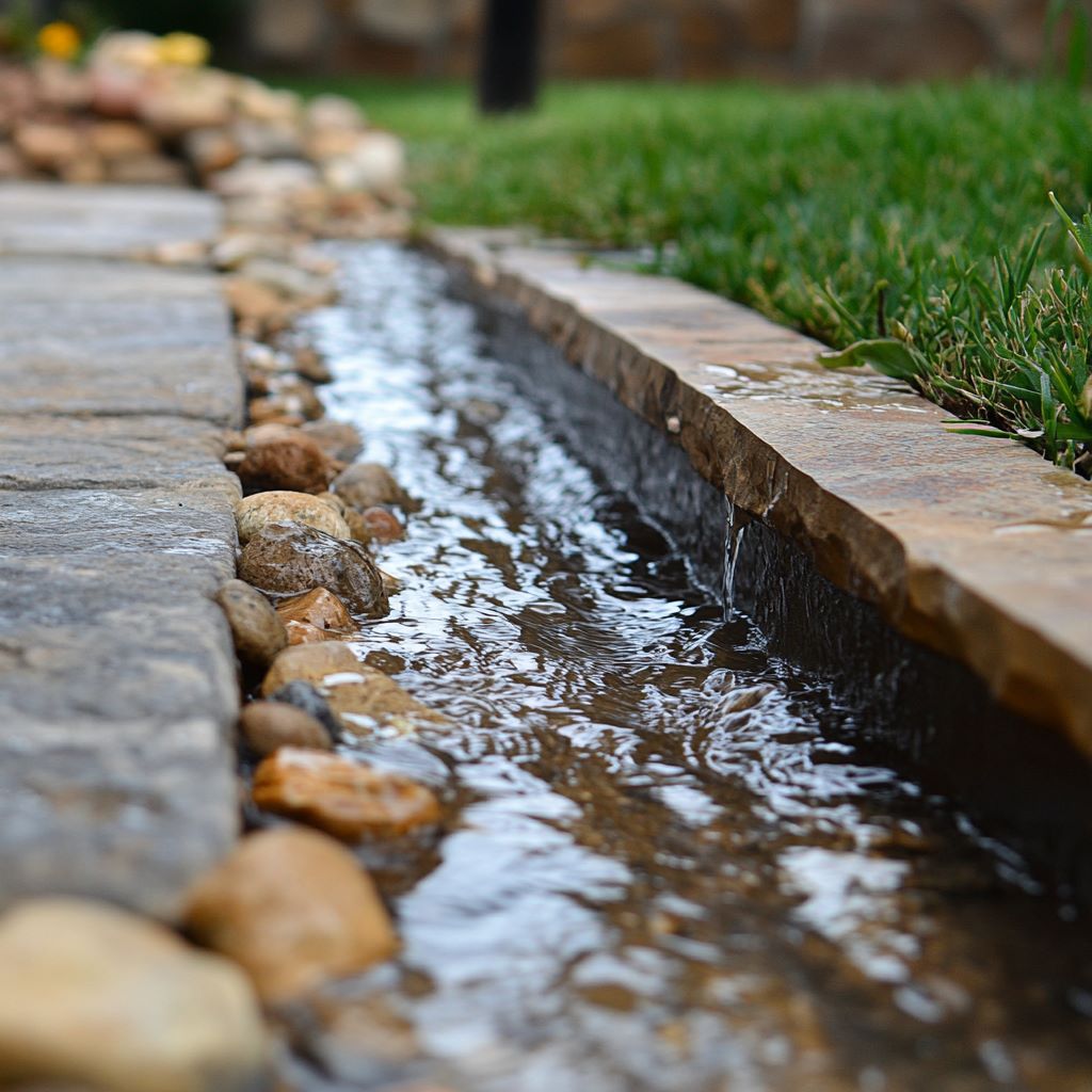 Stone-lined stream with flowing water and green grass