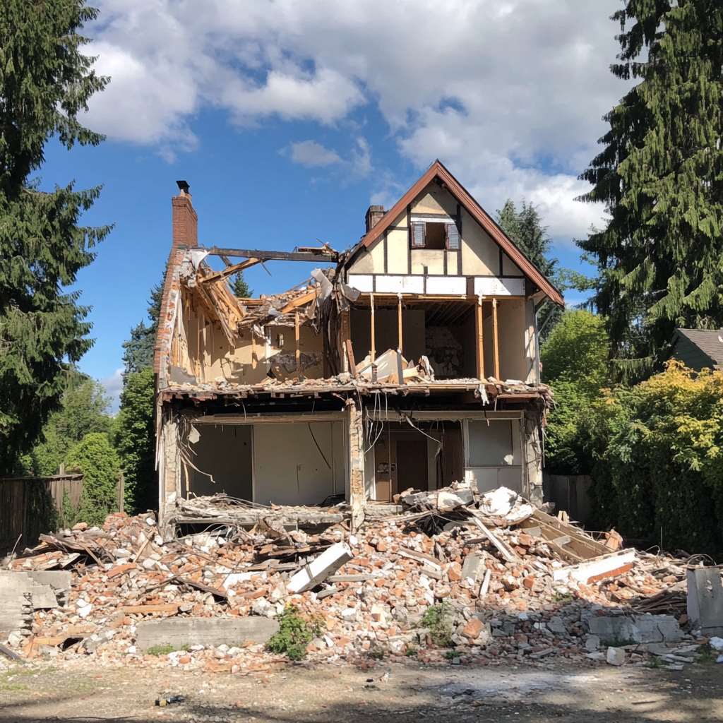 Partially demolished house with debris