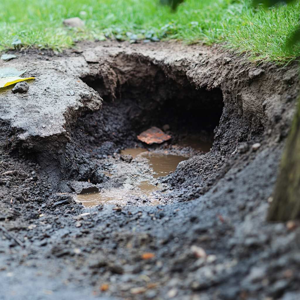 Close-up of a small muddy sinkhole in grass