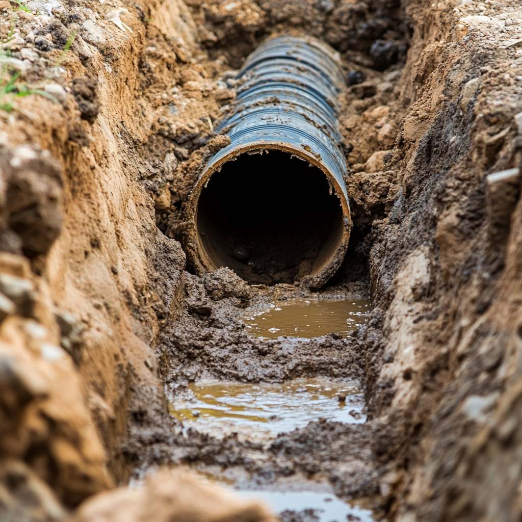 Exposed drainage pipe in muddy trench