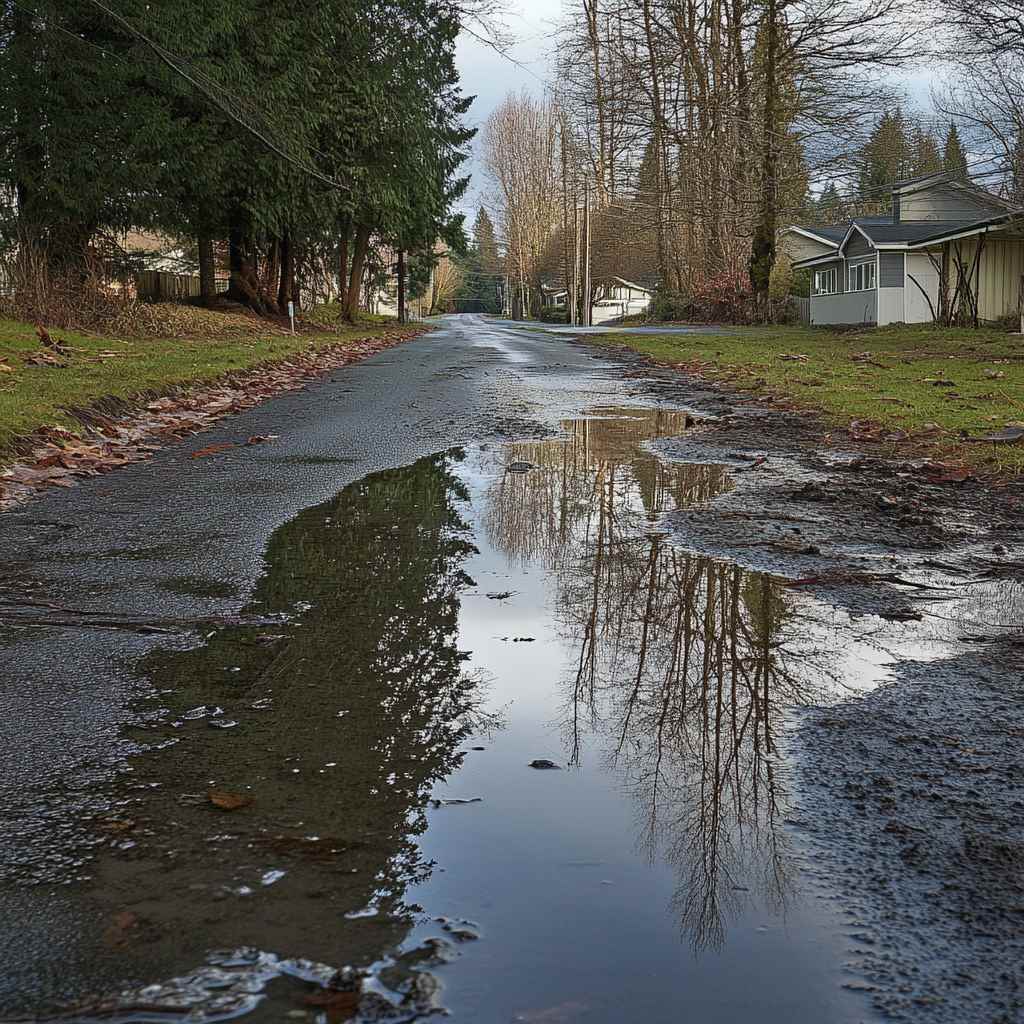 Reflective puddle on a tree-lined suburban road