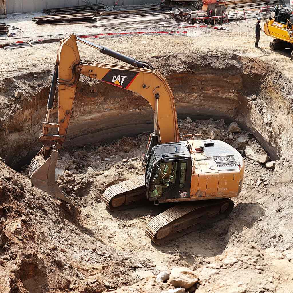 Excavator digging large hole at construction site