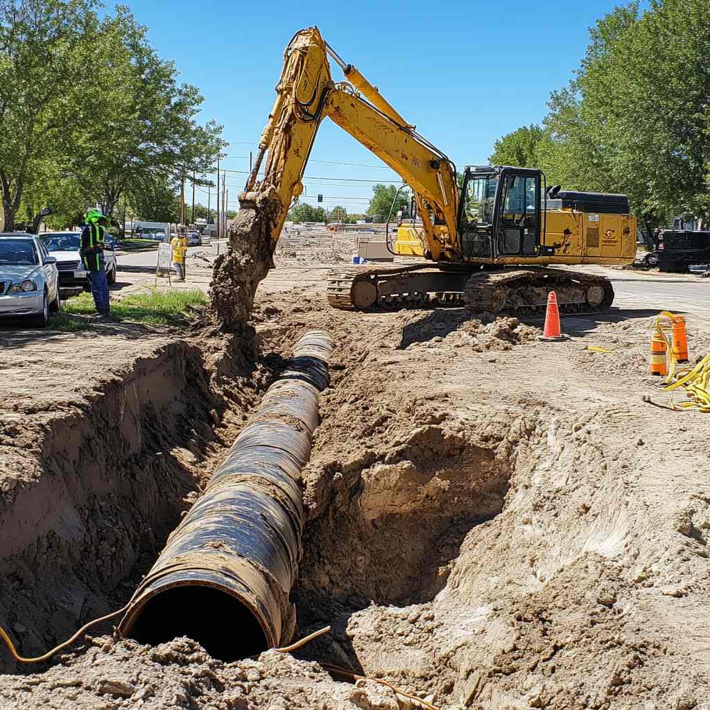 Excavator digging around large pipeline at construction site