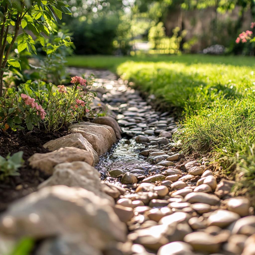 Sunny garden path with stones and flowing water