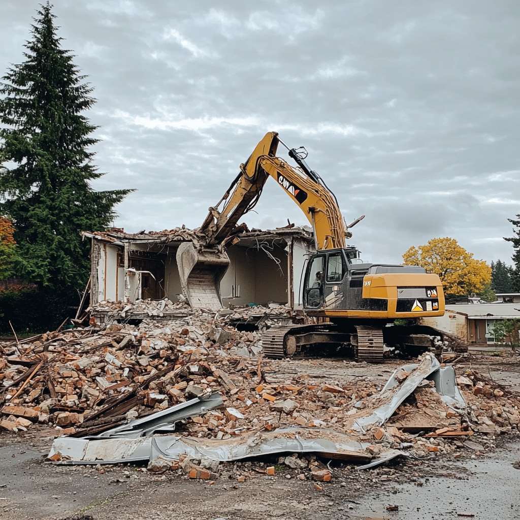 Excavator demolishing a house amid rubble and trees