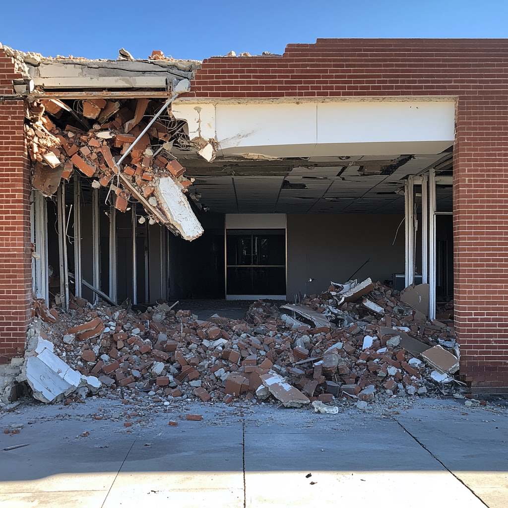 Partially collapsed brick building with rubble