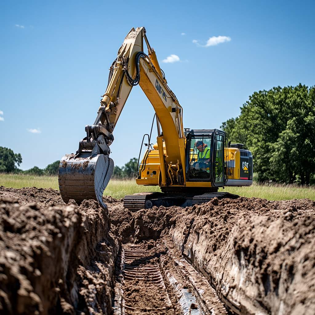 Excavator digging trench in sunny rural field