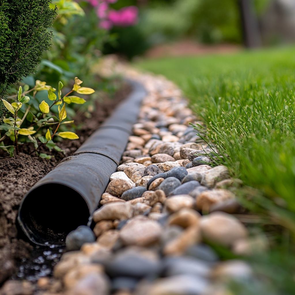 Garden drain pipe surrounded by rocks and plants