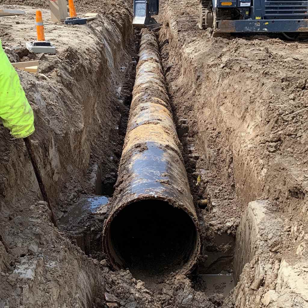 Large old pipe in deep trench with construction worker