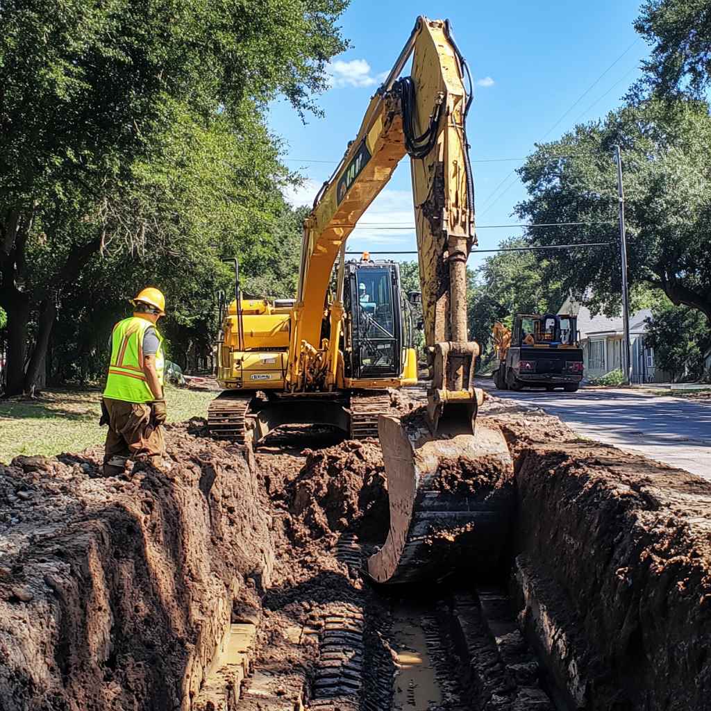 Workers and excavator at urban construction site