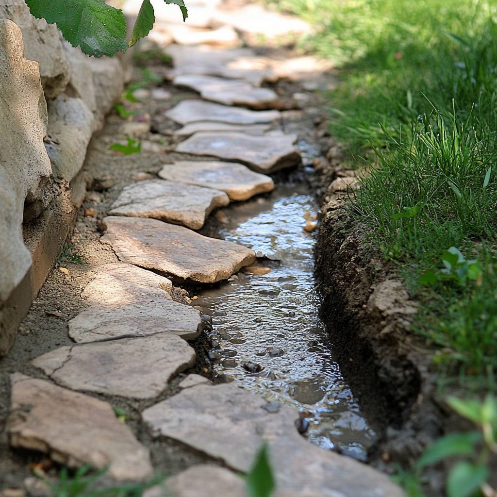 Stone pathway along serene garden water stream