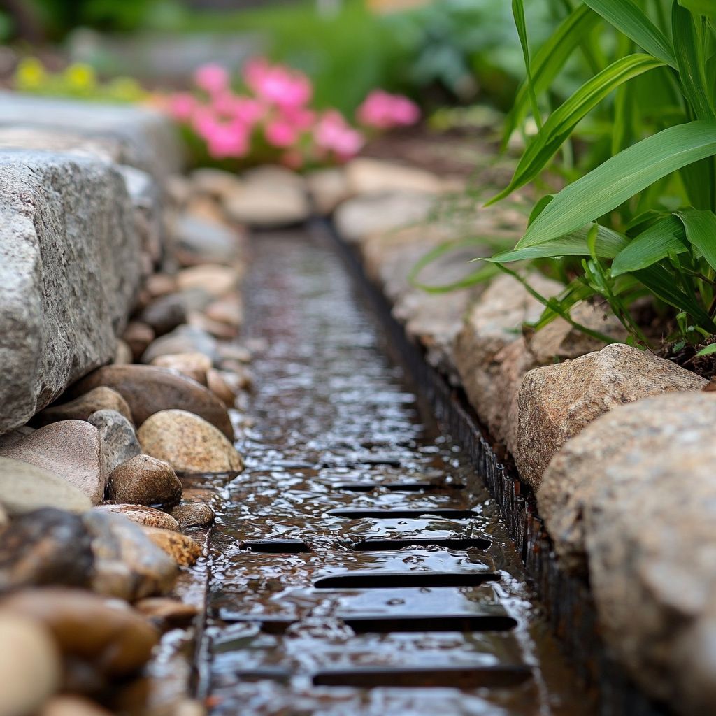 Rock-lined garden stream with blooming pink flowers