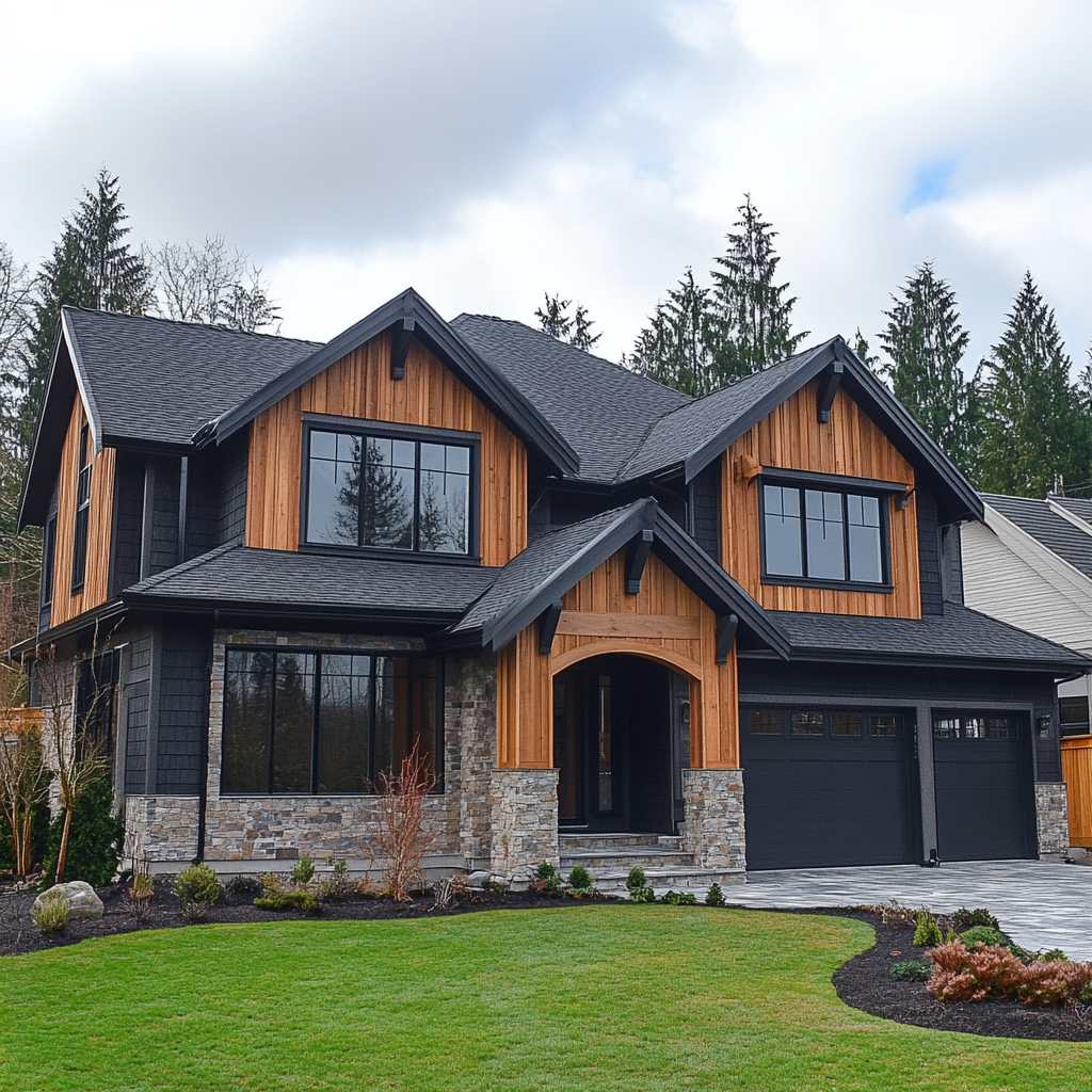 Modern house with wood and stone exterior design