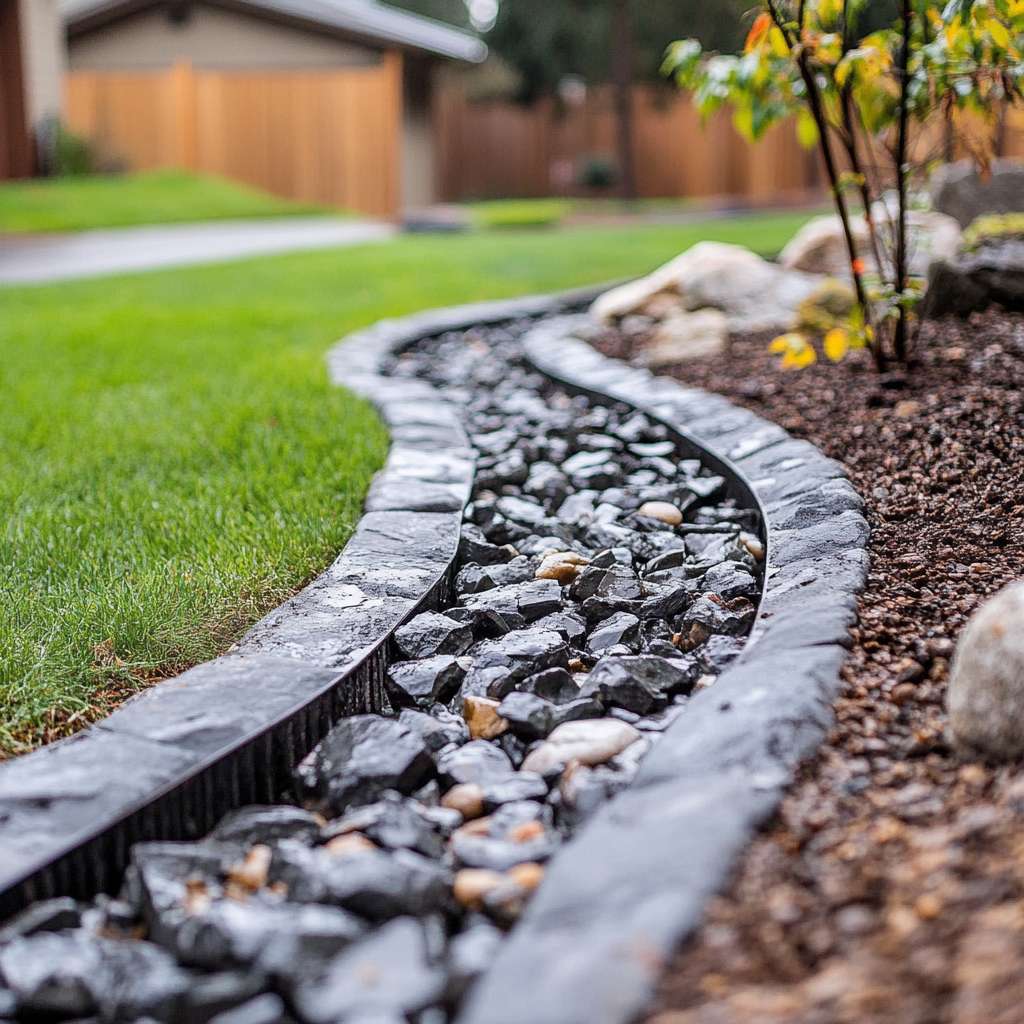 Curved garden pathway lined with rocks and lush grass