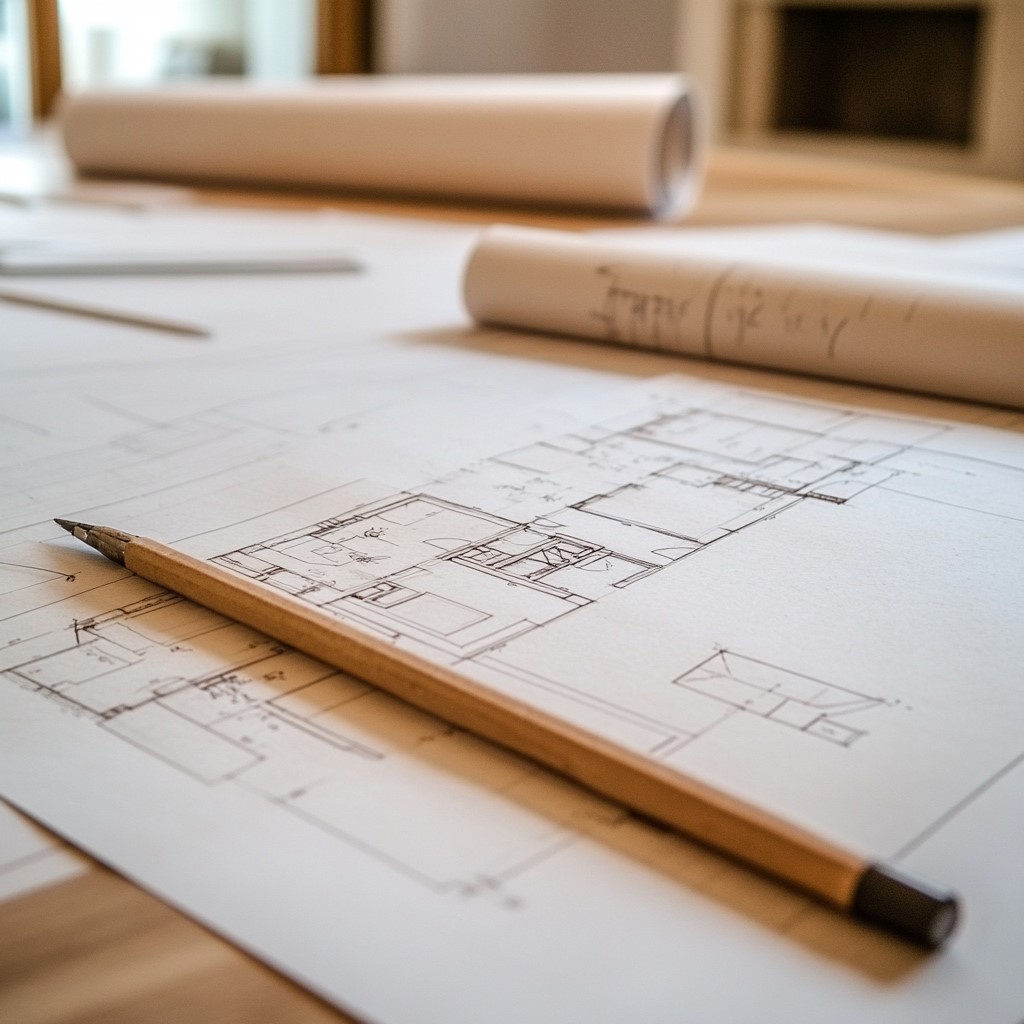 Architectural blueprint with pencil on a wooden table