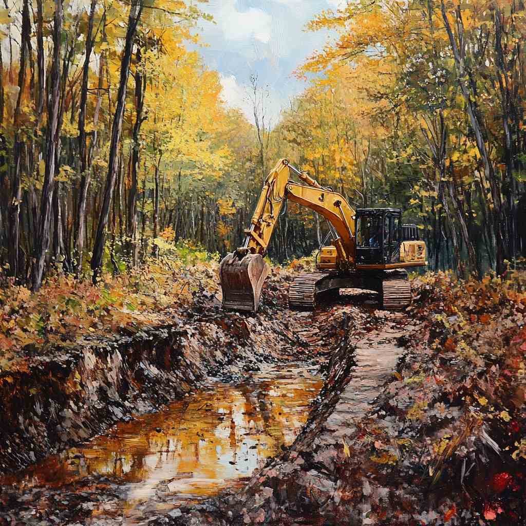 Painting of excavator in autumn forest clearing