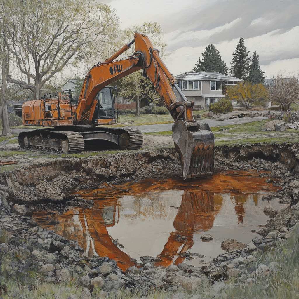 Orange excavator digging hole near residential area