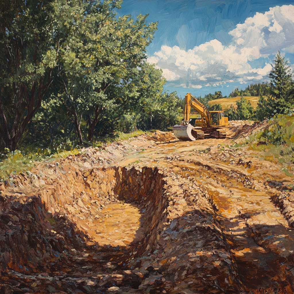 Oil painting of excavator at forest construction site