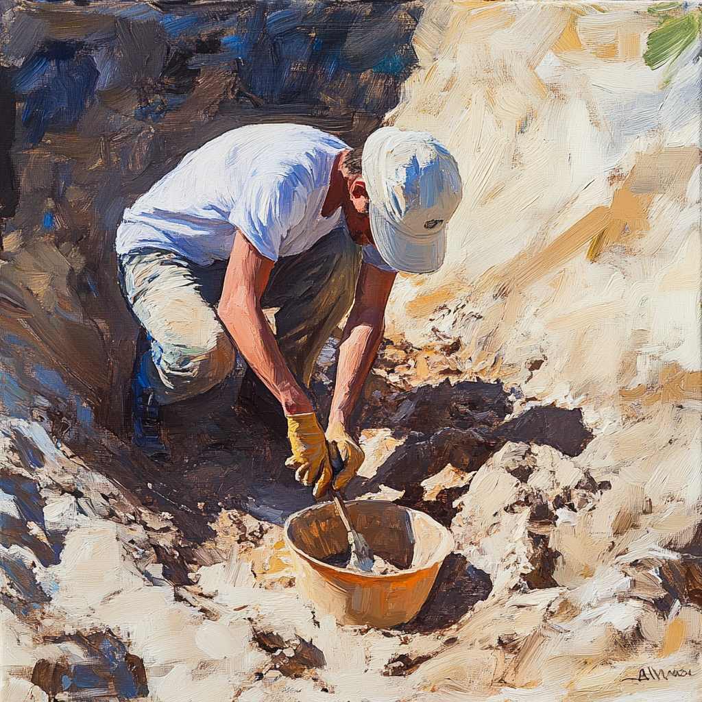 Painterly depiction of a worker mixing cement outdoors