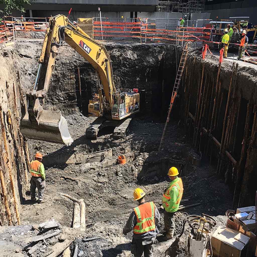 Workers and excavator at urban construction site