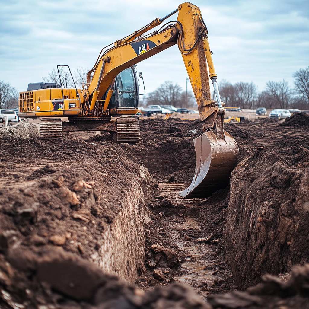 Yellow excavator digging trench at construction site